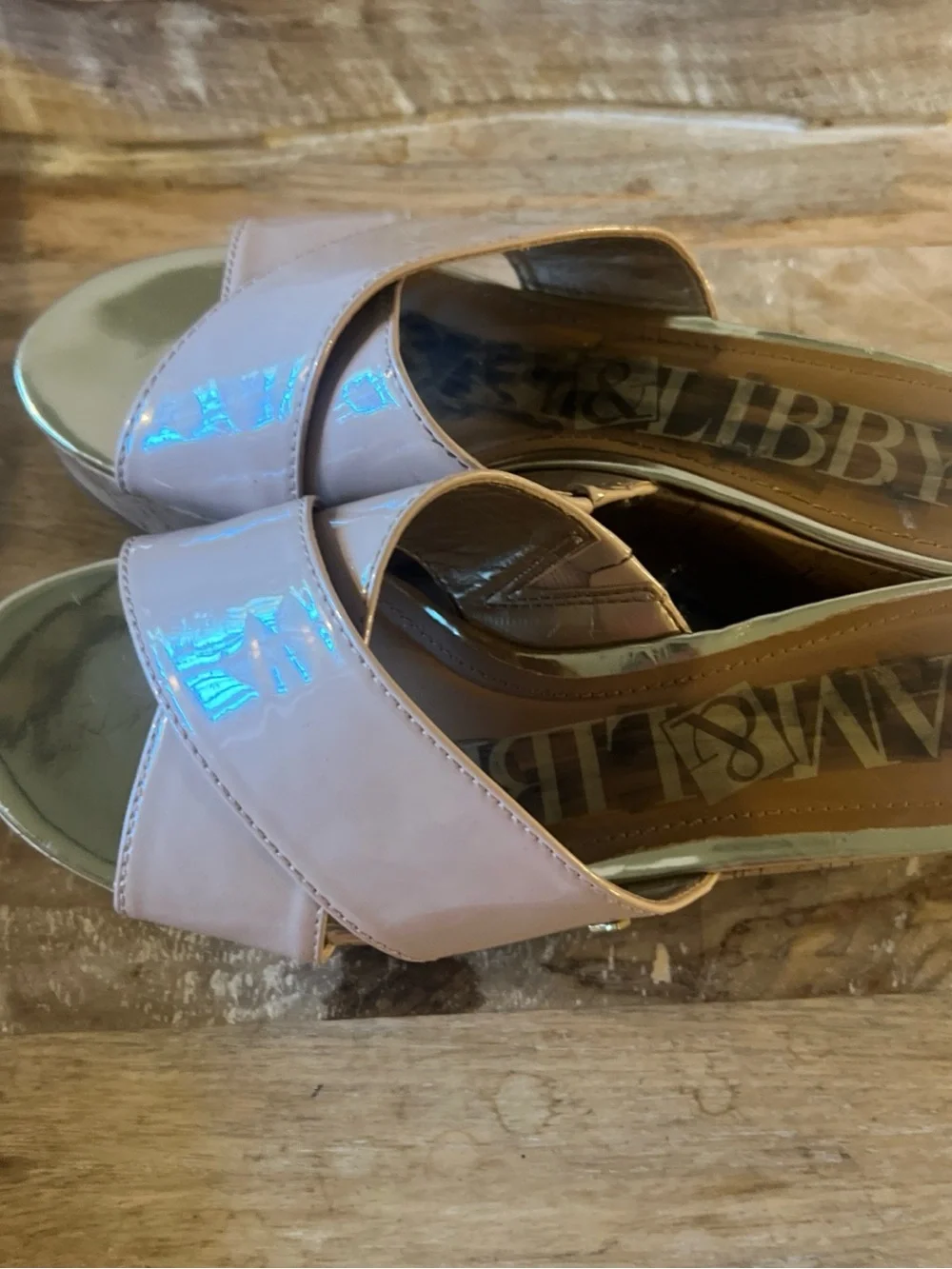 Sam & Libby Blush Patent Cross-Band Wedge Sandals